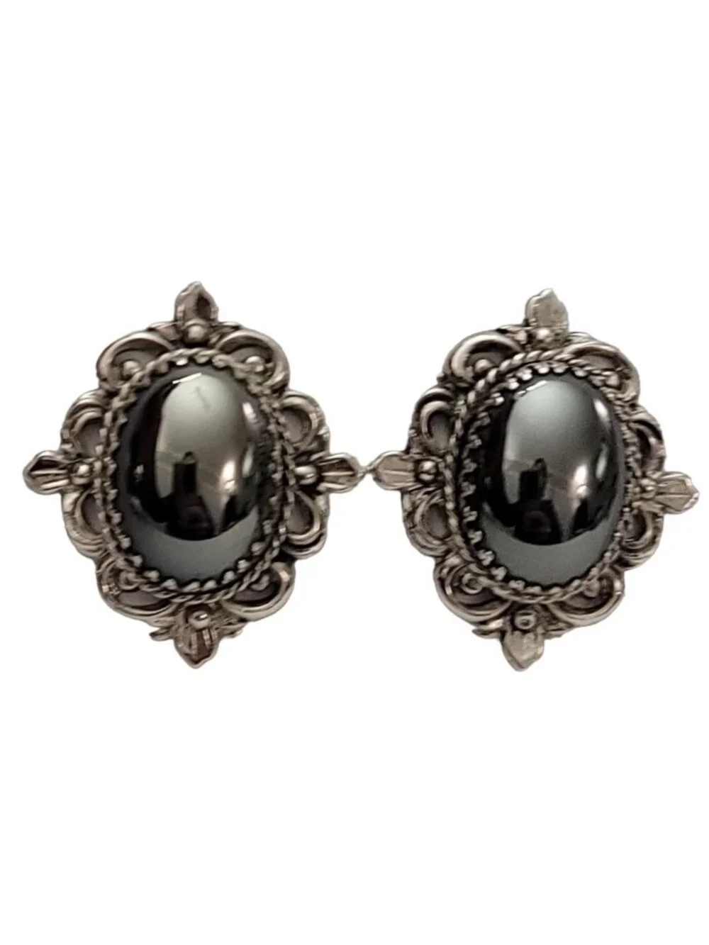 Whiting & Davis Co. Silver Tone Glass Cab Clip-On Earrings, Signed K178